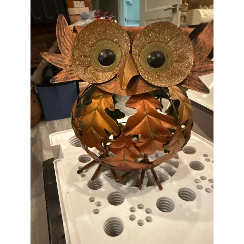 Pier 1 Autumn Metal Owl Tea Light Candle Holder Copper Oak Leaf Fall Decor